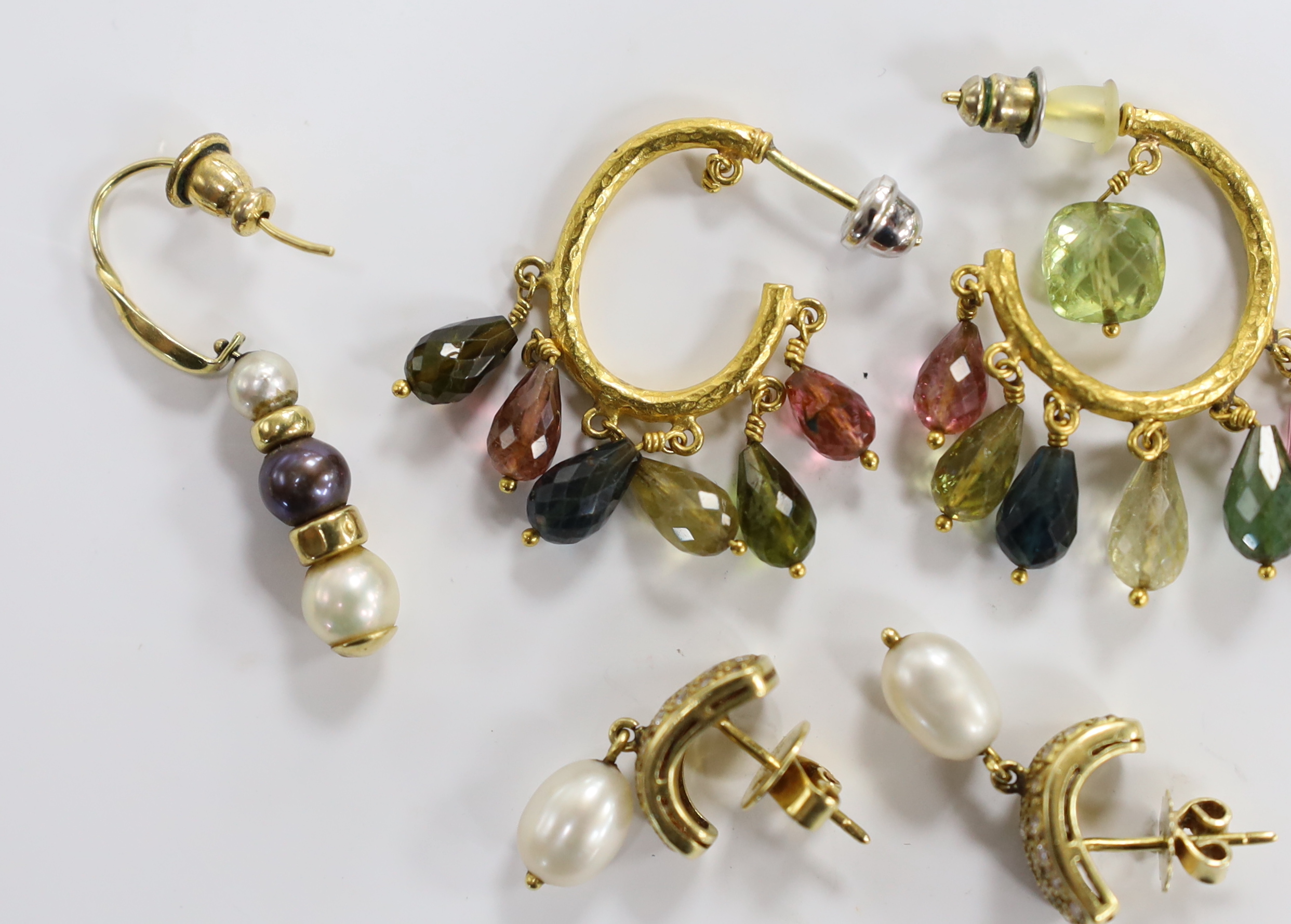 A pair of yellow metal, cultured pearl and diamond cluster set drop earrings, stamped 14, 21mm, gross weight 6 grams and two other pairs of earrings, including gem set cluster drop.